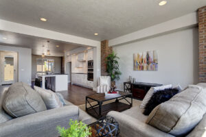 Photo of the open concept living room and kitchen in the Lexington.