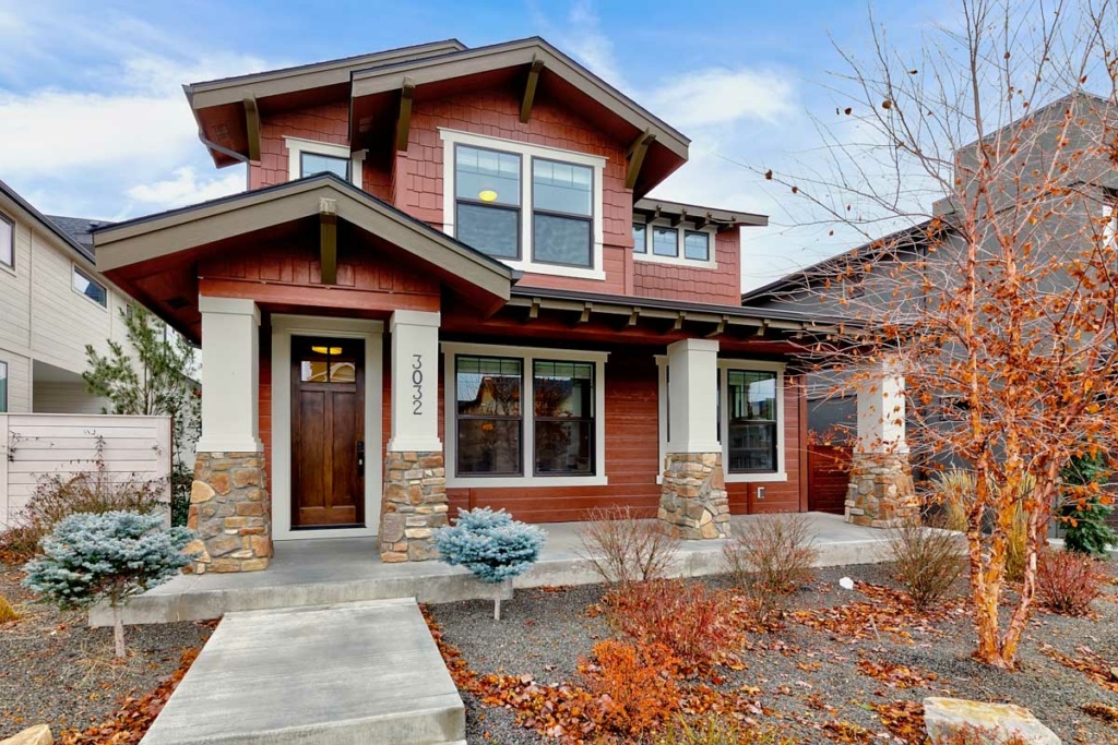 photo of the exterior of a craftsman style home, with front porch.